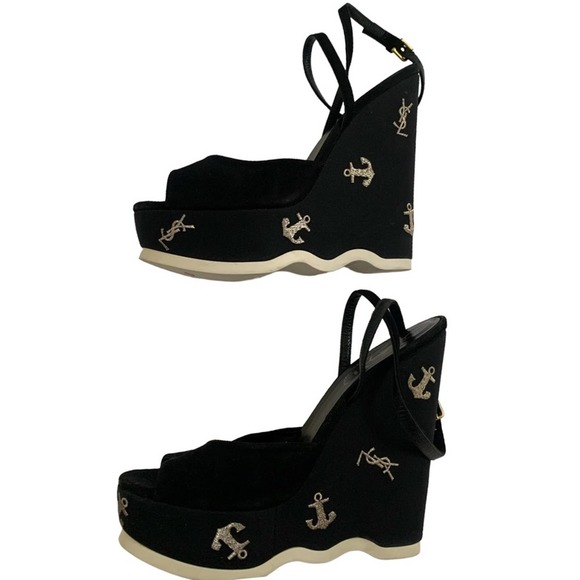 Saint Laurent Suede Cassandra Logo Ankle Strap Wedge - 8 US, Black fits 7.5 US - Picture 11 of 16